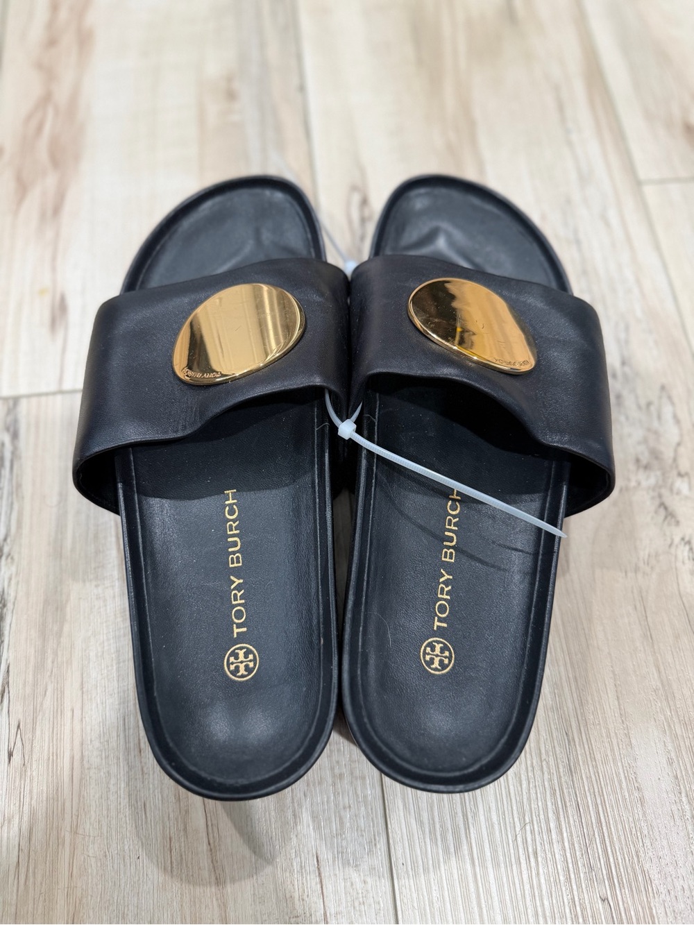 Tory Burch Black Leather Slide Sandals with Gold Disc - Picture 2 of 4